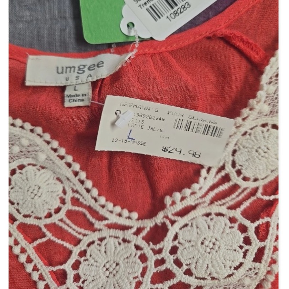 Umgee Size L Women's NWT Boho Bell Sleeve Dark Peach White Lagenlook V-Neck Top - Picture 4 of 10